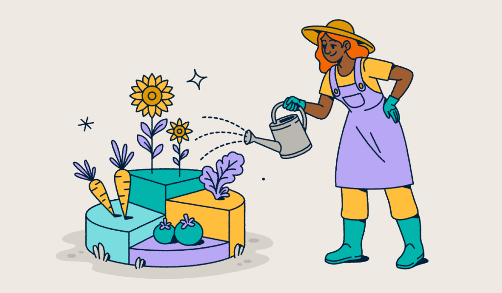 Illustration of a gardener wearing a hat and overalls watering a modular garden with different sections containing vegetables and flowers. The segmented garden plots represent data visualization concepts for analytics, data segmentation, and measuring growth through metrics.