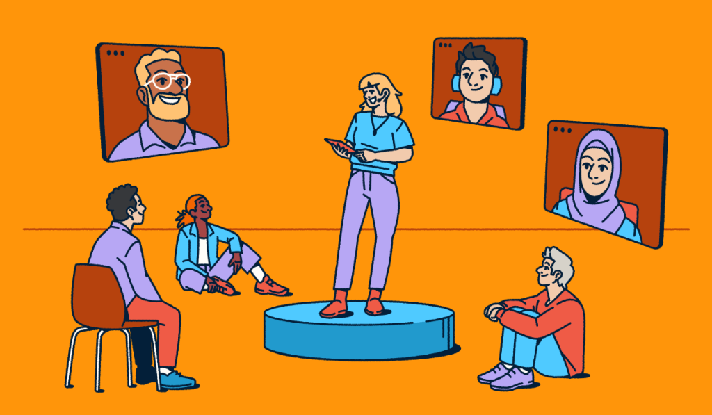 Illustration showing a hybrid meeting in action: a person presents from a circular stage while some attendees sit nearby in-person and others join remotely through video screens. The diverse group highlights how today's conferences blend virtual and in-person experiences to connect everyone regardless of location.