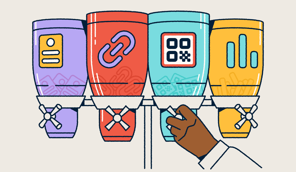 Four labeled dispensers representing Bitly's products—landing pages, short links, QR Codes, and analytics—with a hand selecting the QR Code option.