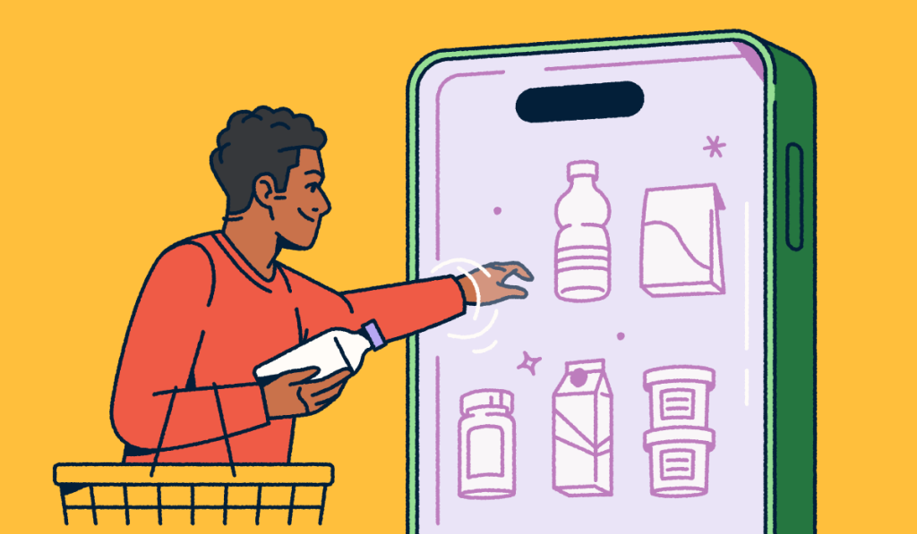 A person holding a shopping basket and selecting consumer packaged goods from a mobile "fridge."