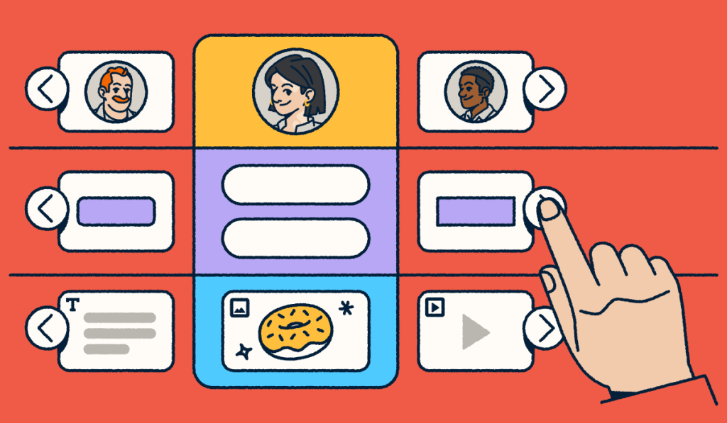 A customizable landing page selector with modules including profiles, buttons, text blocks, images, and video, with a hand selecting to build or edit a layout.