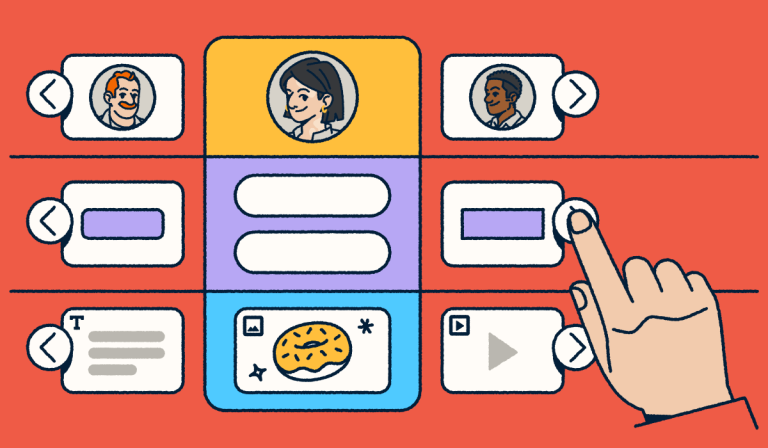 A customizable landing page selector with modules including profiles, buttons, text blocks, images, and video, with a hand selecting to build or edit a layout.