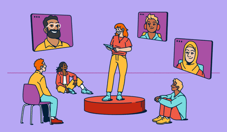 Illustration showing a hybrid meeting in action: a person presents from a circular stage while some attendees sit nearby in-person and others join remotely through video screens. The diverse group highlights how today's conferences blend virtual and in-person experiences to connect everyone regardless of location.