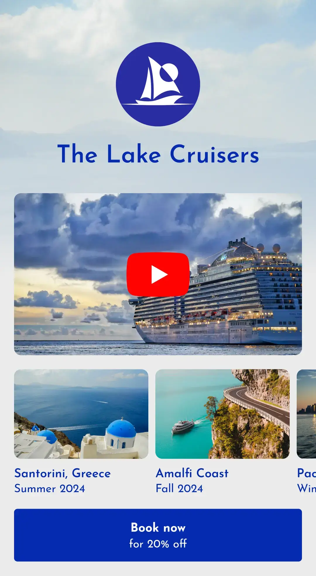 Example of a landing page created with Bitly Pages for a website offering tours and cruises to different destinations around the world, such as Santorini, Greece, and the Amalfi Coast in Italy, featuring a YouTube video about the experience.