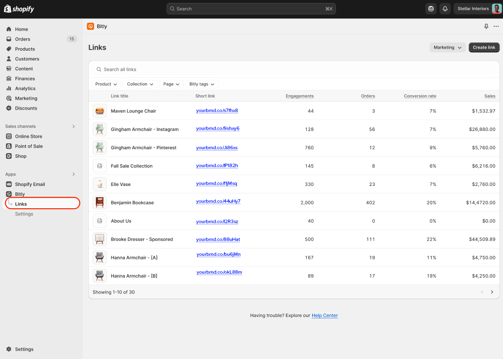 Screen showing all your Bitly links in Shopify with your analytics.