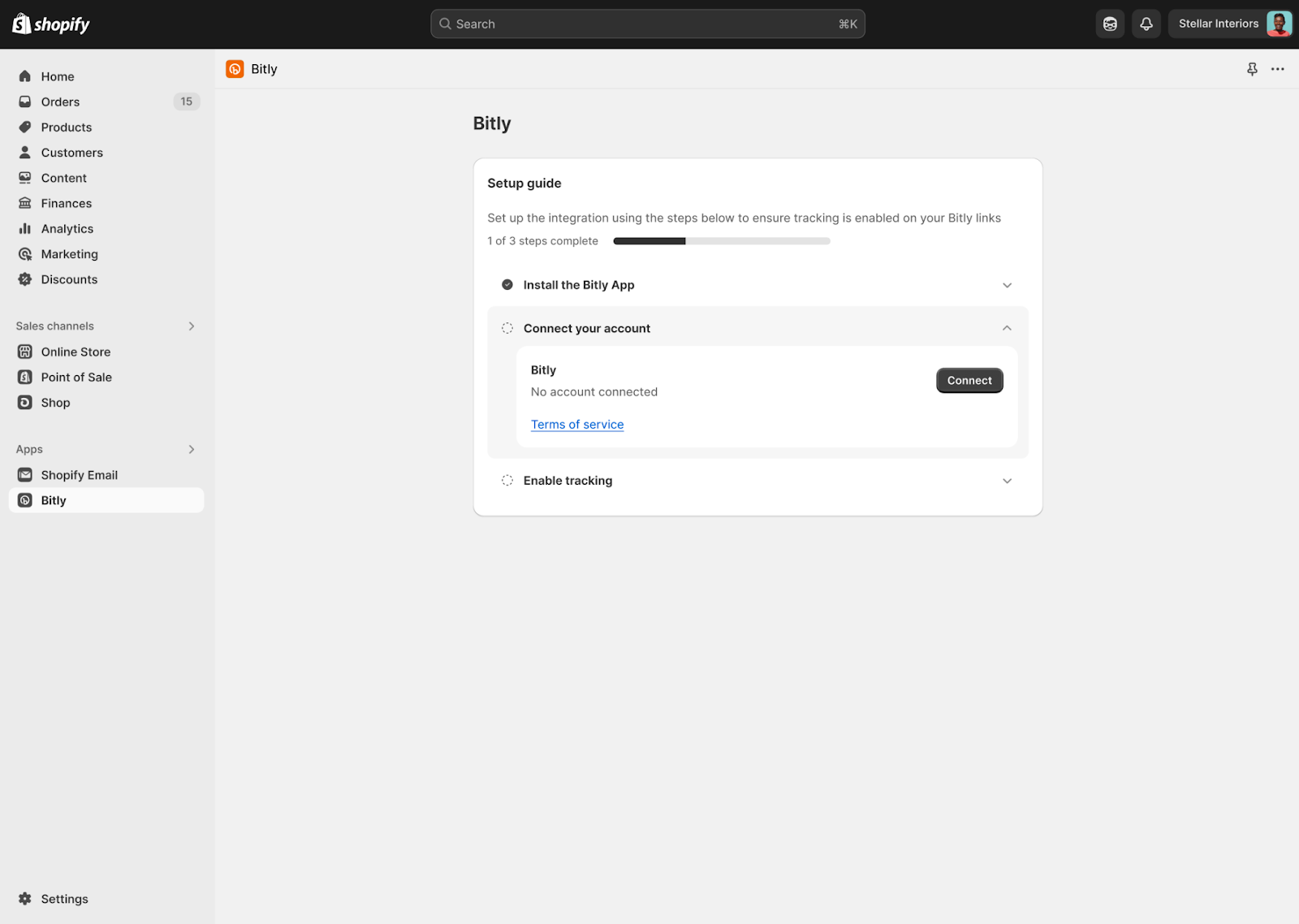 Screen showing Bity being connected within Shopify
