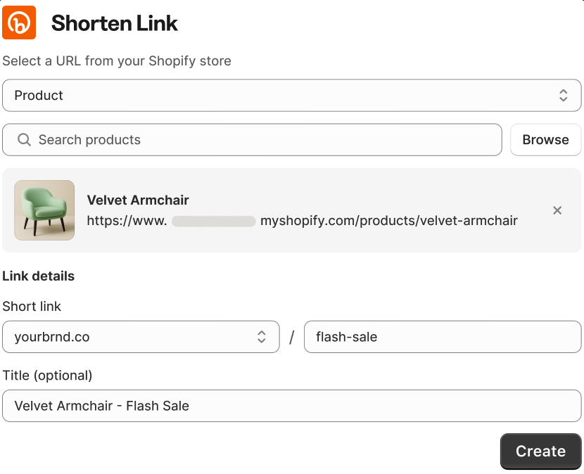 integration_shopify_slide 1.png Screen showing shortening a link within Shopify.
