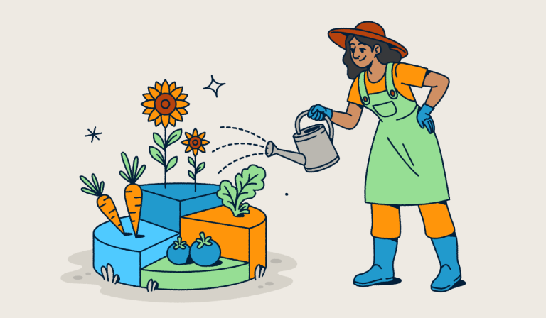 Illustration of a gardener wearing a hat and overalls watering a modular garden with different sections containing vegetables and flowers. The segmented garden plots represent data visualization concepts for analytics, data segmentation, and measuring growth through metrics.