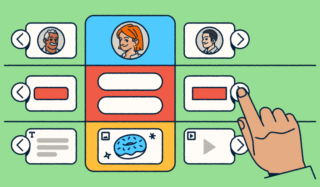 A customizable landing page selector with modules including profiles, buttons, text blocks, images, and video, with a hand selecting to build or edit a layout.