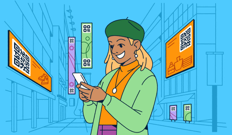 Woman in a green beret and turtleneck scanning a QR code on her phone in a stylized blue street scene, with overlay graphics showing top industry (Consumer Packaged Goods), a country scan breakdown table (US, Germany, UK, Brazil), and a "Global QR Code Creations Growth" stat of +6.2% year over year.