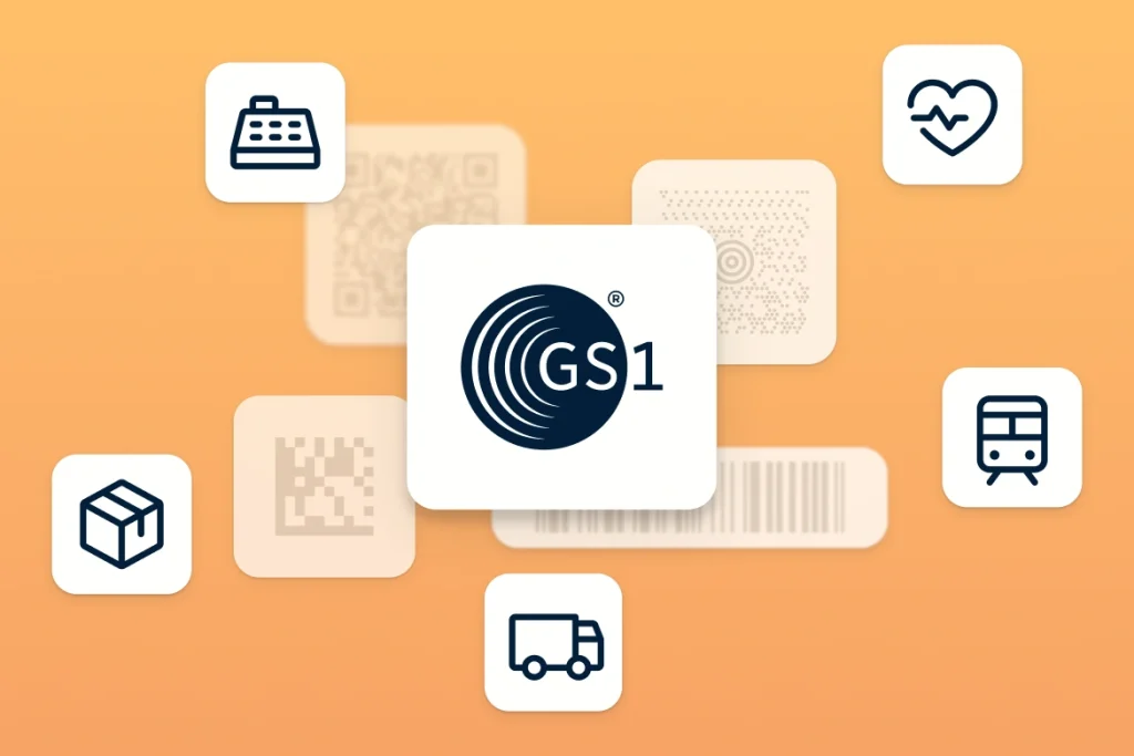 GS1 logo alongside a barcode and QR Code