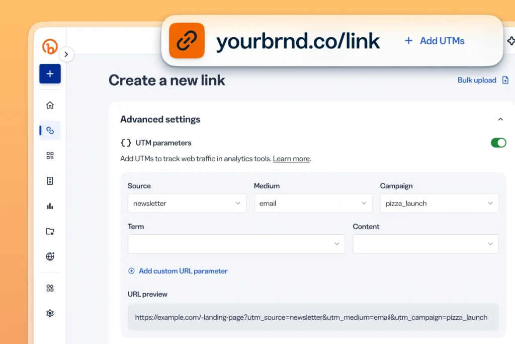 User interface in Bitly with the Destination box containing a link with UTM parameters