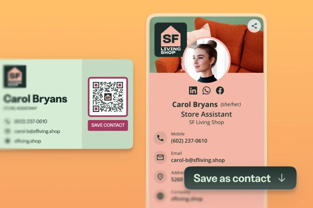 Bitly digital business card example with instruction to save as contact