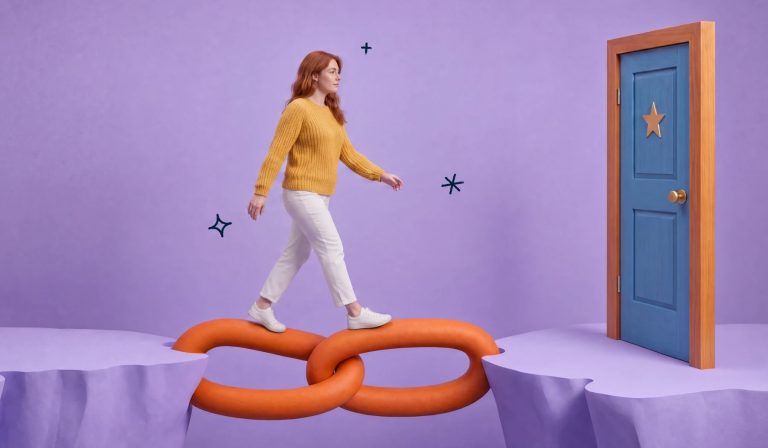 Illustration of a Bitly woman walking across a chain link bridge, crossing toward an open blue door with a star on it.