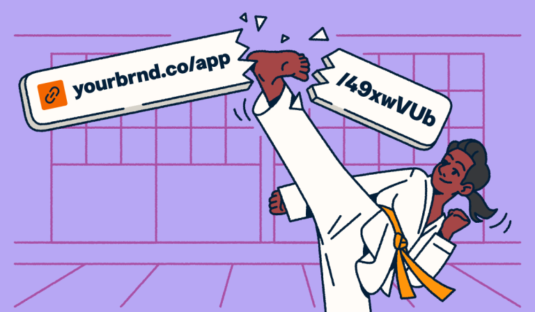 A martial artist breaking a long, generic URL with a high kick to reveal a custom branded short link.
