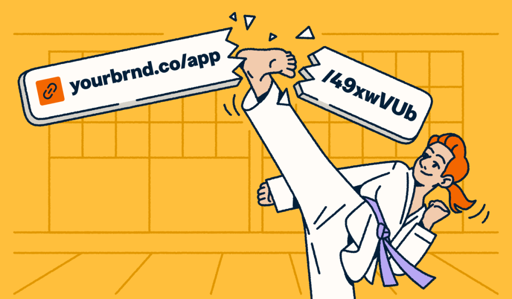 A martial artist breaking a long, generic URL with a high kick to reveal a custom branded short link.