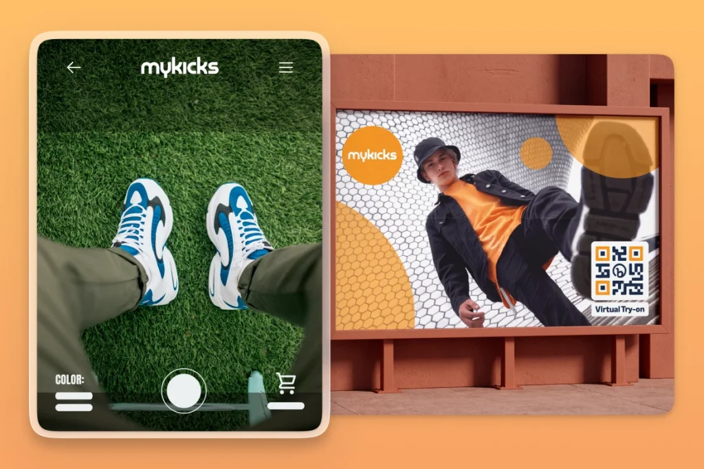 Shoe advertisement with a QR Code on a billboard and an example of the company's landing page after scanning