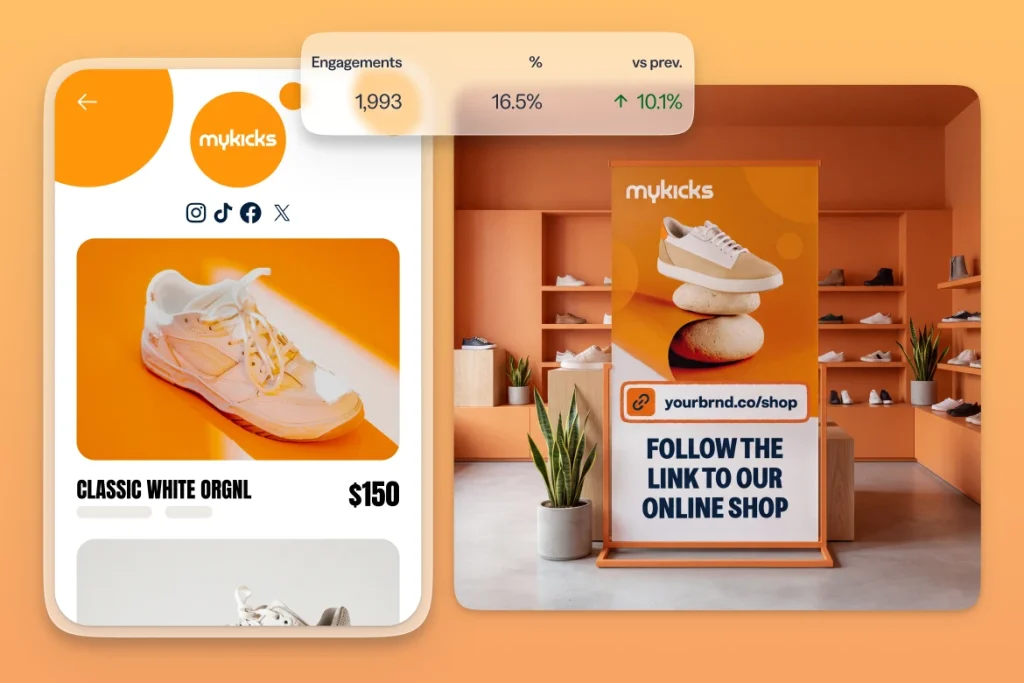 A company's banner for their online shop, a short link, and a weekly change statistic