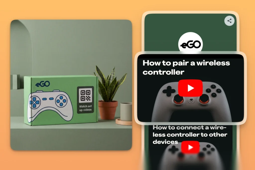 Video game box with QR code for instructions on how to pair controller