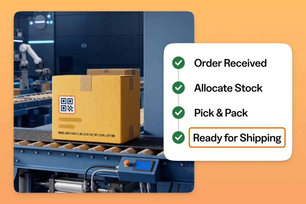 Box with a QR Code showing the stages of the order fulfillment process