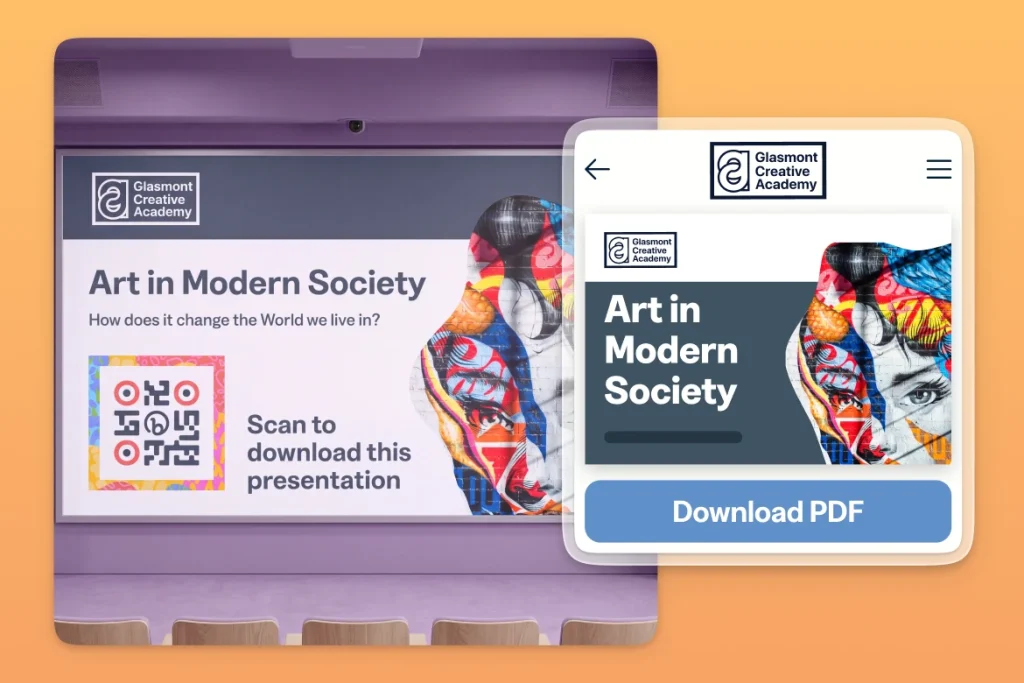 Presentation with a QR Code on a projector pull down and the linked Download PDF presentation landing page