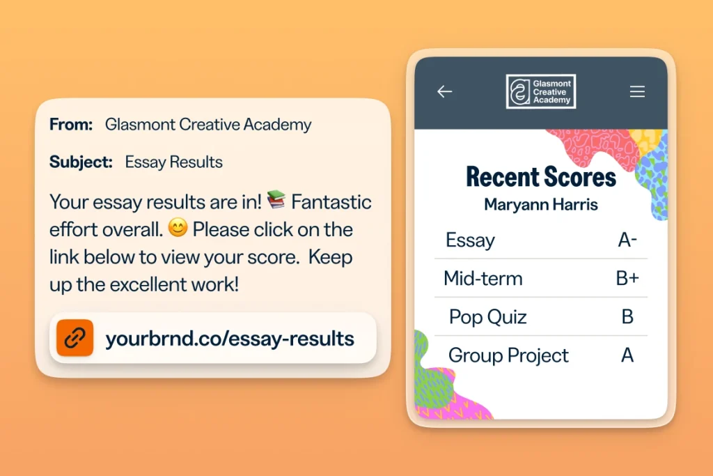 Email from an educational institution with a short link to access essay results and the recent scores landing page for a student