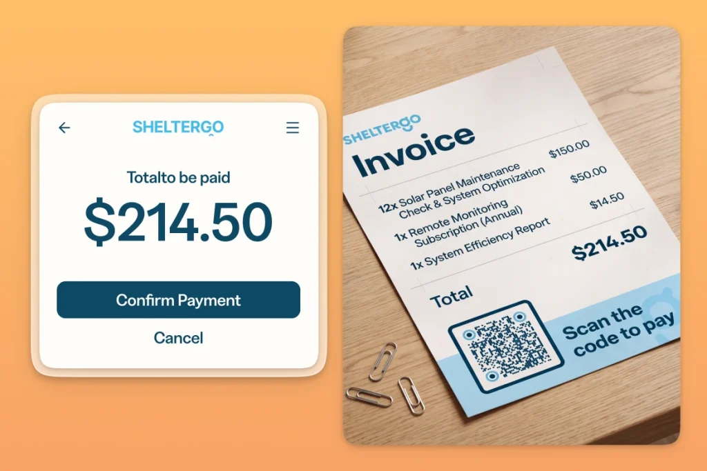 An invoice with a QR Code at the bottom and a confirm payment page