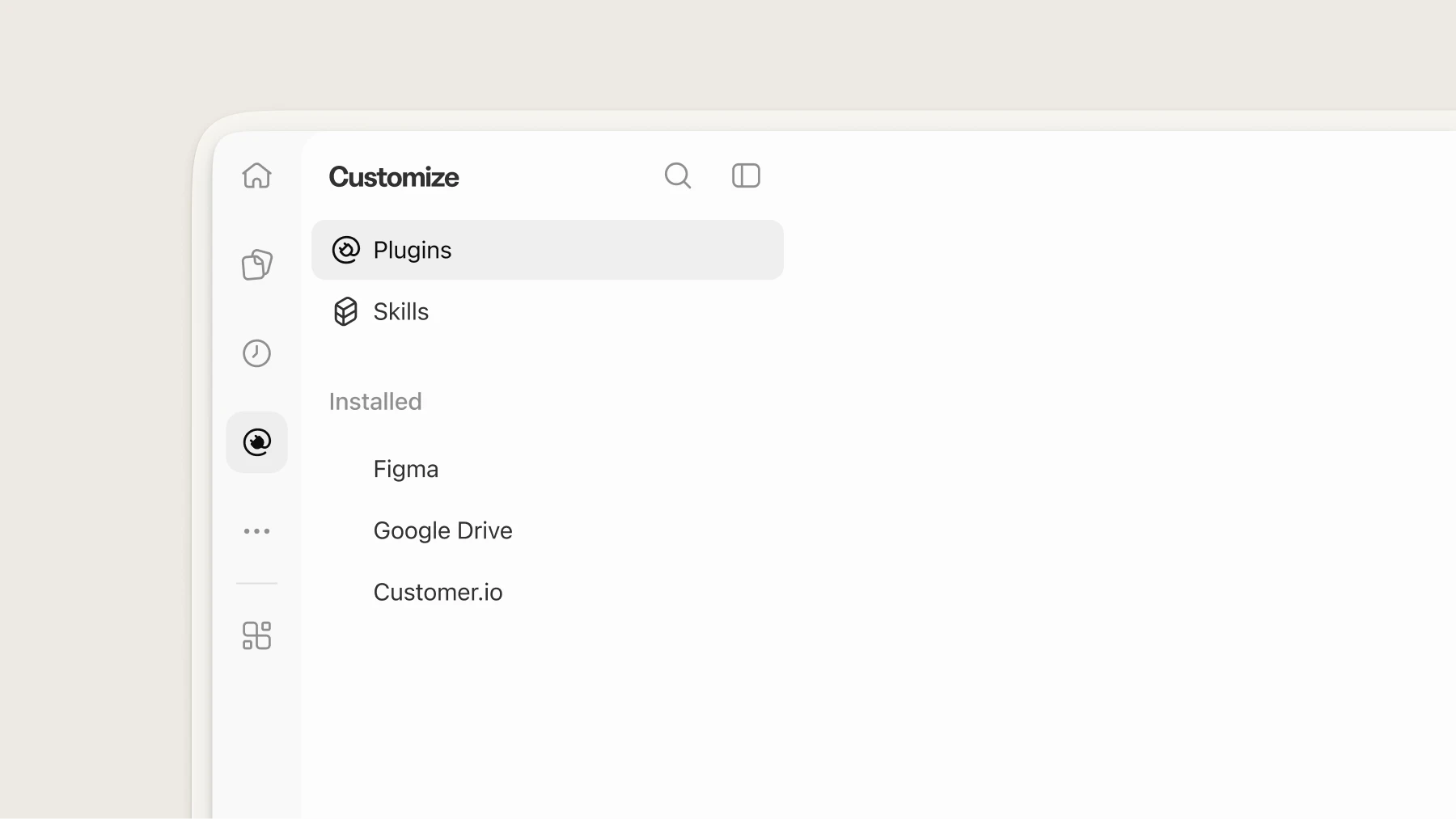 ChatGPT’s Customize menu with Plugins selected, showing installed plugins for Figma, Google Drive, and Customer.io.