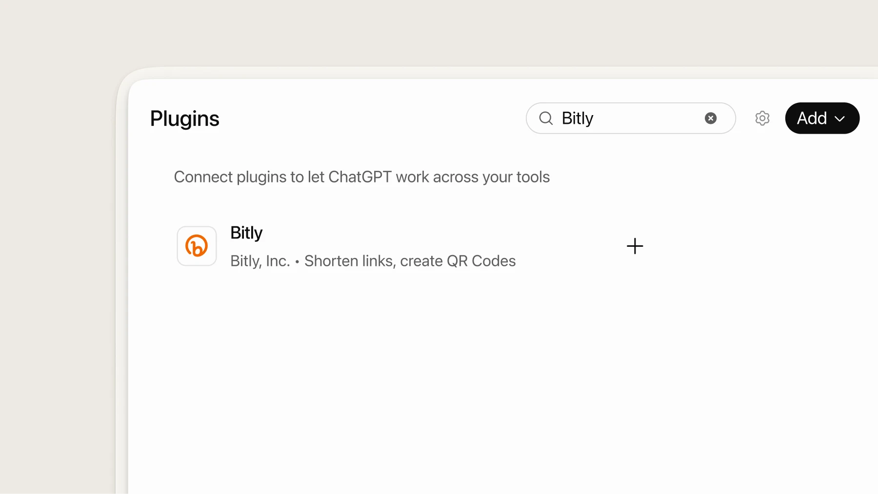 ChatGPT plugin search results for “Bitly,” showing the Bitly plugin for shortening links and creating QR Codes, with a plus button to add it.