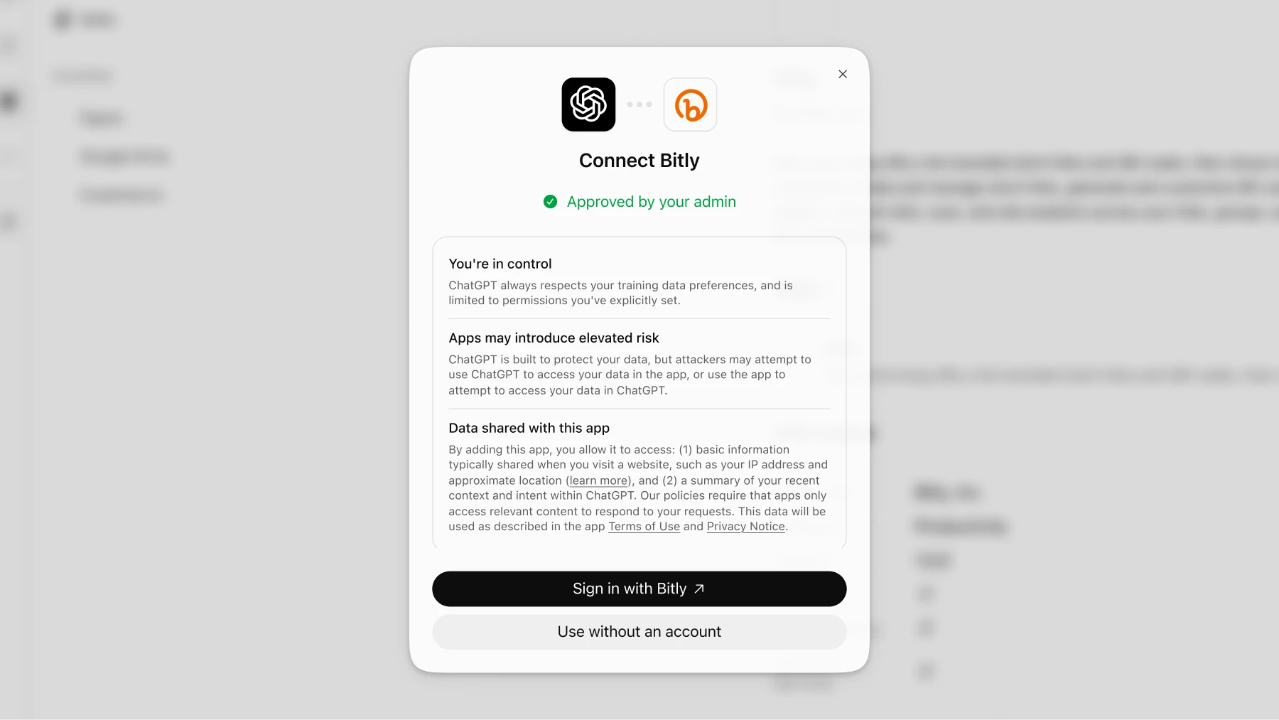 ChatGPT plugin search results for “Bitly,” showing the Bitly plugin for shortening links and creating QR Codes, with a plus button to add it.