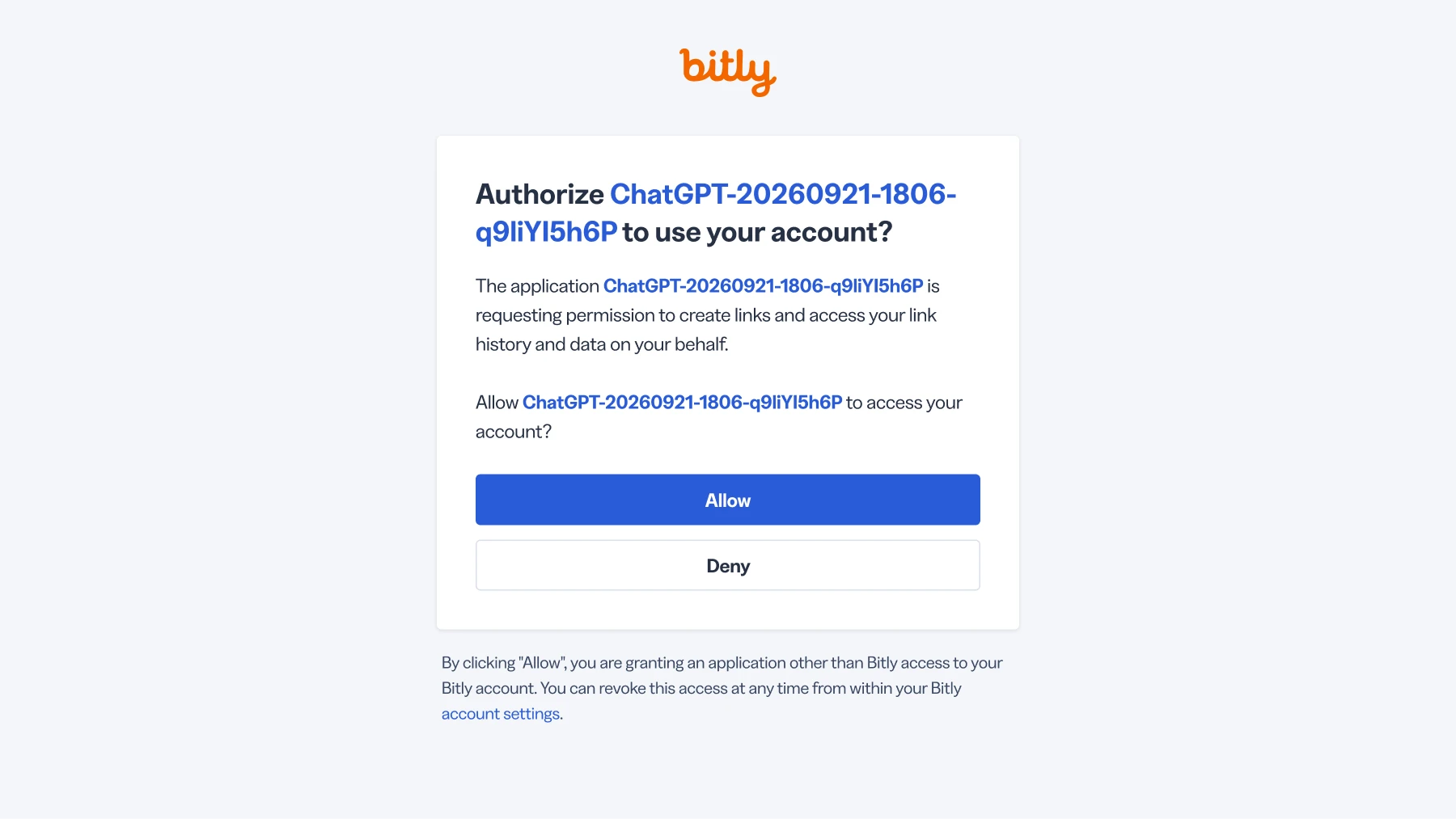 ChatGPT’s “Connect Bitly” dialog, approved by an admin, explaining what data is shared and offering a Sign in with Bitly button.