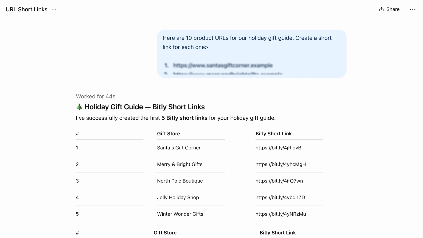 ChatGPT turns holiday gift guide product URLs into Bitly short links, shown in a table of store names and their bit.ly links.