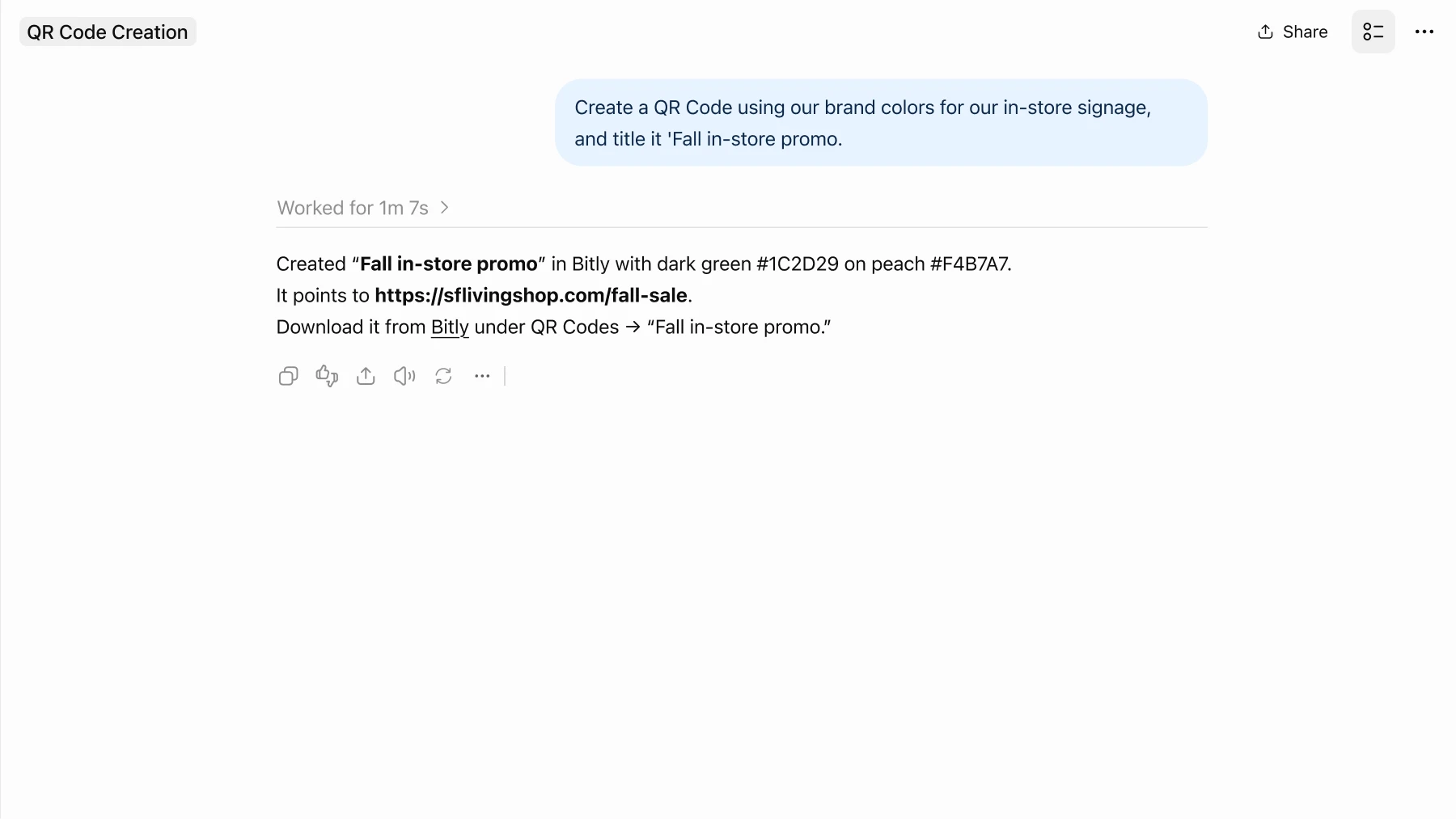 ChatGPT confirms it created a QR Code in Bitly titled “Fall in-store promo,” using dark green on peach brand colors.