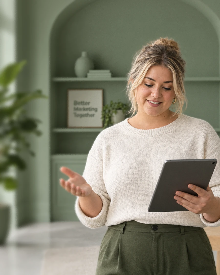 Marketer holding a tablet, with Bitly's MCP hub linked to ChatGPT, Claude, Windsurf, Cursor and VS Code, and a panel of AI prompts